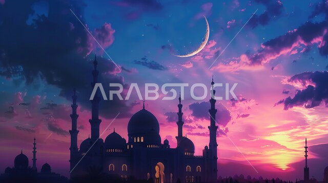 ديكورات وتصاميم متميزة على الطراز الاسلامي للقبب والمآذن، خلفيات دينية رمضانية، مفهوم العبادة والتقرب إلى الله، الفن الهندسي المعماري للمساجد، أداء الفرائض والصلوات، صورة ظلية لمسجد عربي فاخر، منظر السماء المليئة بالغيوم مع الهلال، سالوليت