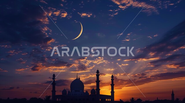 خلفيات دينية رمضانية، مفهوم العبادة والتقرب إلى الله، الفن الهندسي المعماري للمساجد، ديكورات وتصاميم متميزة على الطراز الاسلامي للقبب والمآذن، أداء الفرائض والصلوات، صورة ظلية لمسجد عربي فاخر، منظر السماء المليئة بالغيوم مع الهلال، سالوليت