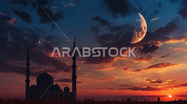 The concept of worship and closeness to God, the architectural art of mosques, Ramadan religious backgrounds, distinct decorations and designs in the Islamic style for domes and minarets, performing obligatory prayers and prayers, a silhouette of a luxurious Arab mosque, a view of the sky full of clouds with an incomplete moon, Salulite.