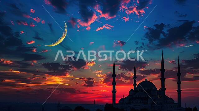 سماء الهلال على الغسق الأزرق الداكن فوق صورة ظلية للمسجد الإسلامي، سماء الشفق في المساء مع غروب الشمس وأشعة الشمس الجميلة على السحابة الداكنة، مهرجان هاري رايا، عيد الأضحى، عيد الفطر، محرم.