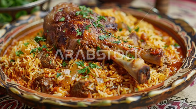 A plate of delicious kabsa rice with pieces of lamb garnished with vegetables, delicious healthy food recipes and dishes, popular Saudi Arabian Gulf dishes, the arts of catering in traditional oriental food restaurants.