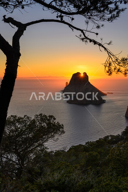 Tourist coastal areas and landmarks, sky view at sunset, waterfront in the Kingdom of Saudi Arabia, landscape of rocks and green trees on the beach