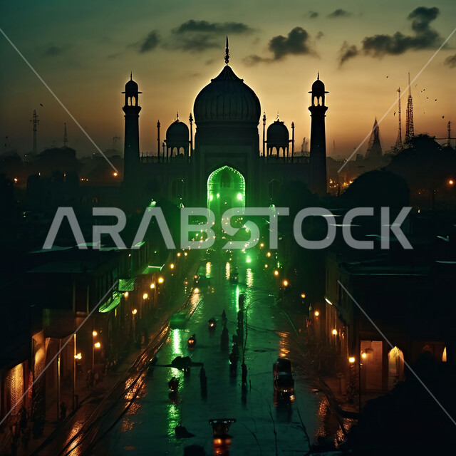 أماكن اسلامية دينية مقدسة، الفن الهندسي المعماري لبناء المساجد على الطراز الاسلامي، المناظر الطبيعية في المملكة العربية السعودية، رسوم توضيحية لمسجد مضاء باللون الاخضر مساء، العبادة والتقرب إلى الله