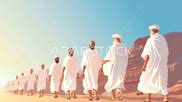رسوم توضيحية لحجاج بيت الله الحرام على جبل عرفات في مكة المكرمة, قدوم المسلمين من كل أنحاء العالم لأداء فريضة الحج والتقرب إلى الله تعالى, استعداد الحجاج للنفرة, إتمام مناسك الحج, معالم وأماكن اسلامية مقدسة, إسلاميات وعبادة