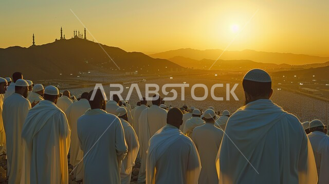  قدوم المسلمين من كل أنحاء العالم لأداء فريضة الحج والتقرب إلى الله تعالى، استعداد الحجاج للنفرة، إتمام مناسك الحج، معالم وأماكن اسلامية مقدسة، حجاج بيت الله الحرام على جبل عرفات في مكة المكرمة عند غروب الشمس