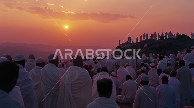 Pilgrims’ preparation for departure, completion of Hajj rituals, sacred Islamic landmarks and places, Muslims coming from all over the world to perform the Hajj duty and get closer to God Almighty, pilgrims to the Sacred House of God on Mount Arafat in Mecca at sunset