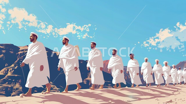 إتمام مناسك الحج، معالم وأماكن اسلامية مقدسة، رسوم توضيحية لحجاج بيت الله الحرام على جبل عرفات في مكة المكرمة, قدوم المسلمين من كل أنحاء العالم لأداء فريضة الحج والتقرب إلى الله تعالى, استعداد الحجاج للنفرة