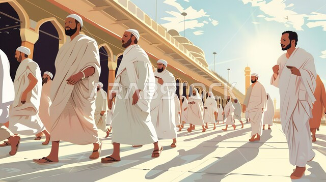 معالم وأماكن اسلامية مقدسة، رسوم توضيحية لحجاج بيت الله الحرام على جبل عرفات في مكة المكرمة, قدوم المسلمين من كل أنحاء العالم لأداء فريضة الحج والتقرب إلى الله تعالى, استعداد الحجاج للنفرة, إتمام مناسك الحج