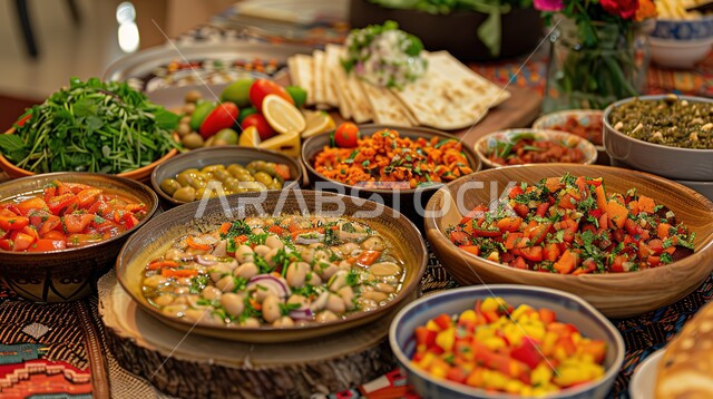 Iftar time arrives at the Maghrib call to prayer, a table full of delicious food and appetizers, main meals and dishes on the dining table, restaurants and kitchens in the Kingdom of Saudi Arabia, types of Arab oriental foods at the tables of the blessed Ramadan.