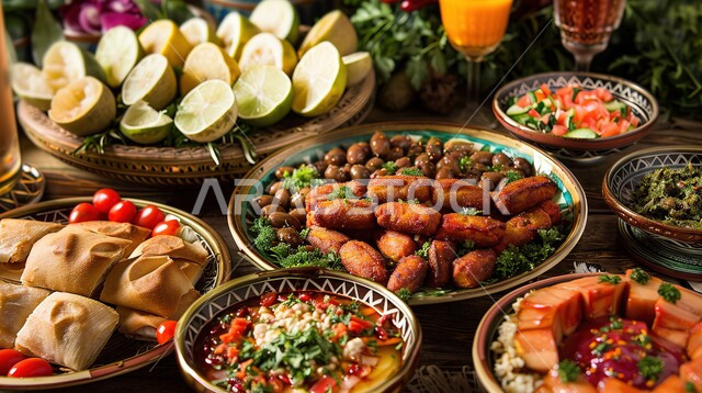 مطاعم ومطابخ المملكة العربية السعودية، أنواع الأطعمة الشرقية العربية في موائد رمضان المبارك، حلول موعد الإفطار عند اذان المغرب، سفرة مليئة بأصناف المأكولات والمقبلات الشهية، الوجبات والأطباق الرئيسية على مائدة الطعام