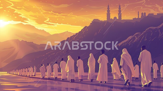 معالم وأماكن اسلامية مقدسة، رسوم توضيحية لحجاج بيت الله الحرام على جبل عرفات في مكة المكرمة، قدوم المسلمين من كل أنحاء العالم لأداء فريضة الحج والتقرب إلى الله تعالى، استعداد الحجاج للنفرة, إتمام مناسك الحج