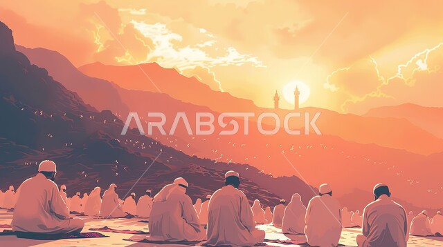 استعداد الحجاج للنفرة, إتمام مناسك الحج, معالم وأماكن اسلامية مقدسة، رسوم توضيحية لحجاج بيت الله الحرام على جبل عرفات في مكة المكرمة، قدوم المسلمين من كل أنحاء العالم لأداء فريضة الحج والتقرب إلى الله تعالى