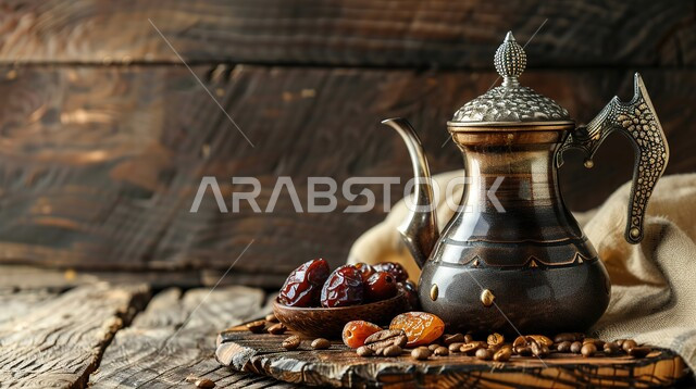 الاستمتاع بالمشروبات الساخنة, أصالة العادات والتقاليد الأصيلة, منتجات محلية وطنية، كرم الضيافة وحسن الاستقبال في المملكة العربية السعودية, طبق من التمر الخليجي الشهي بجانب دلة من القهوة العربية
