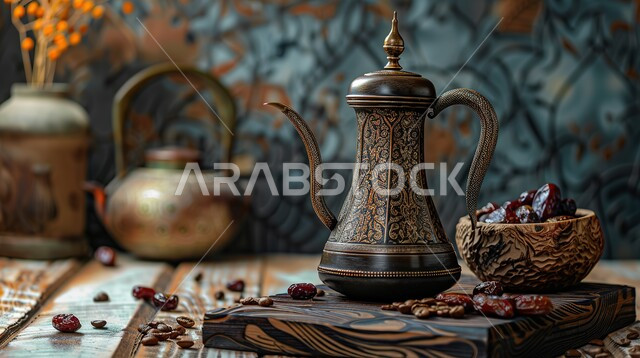 أصالة العادات والتقاليد الأصيلة, الاستمتاع بالمشروبات الساخنة, منتجات محلية وطنية، كرم الضيافة وحسن الاستقبال في المملكة العربية السعودية, طبق من التمر الخليجي الشهي بجانب دلة من القهوة العربية