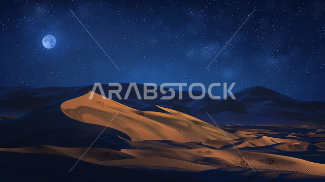 أماكن ومعالم سياحية، منظر القمر في وسط السماء المليئة بالنجوم ليلا، مناطق البادية والبيئة الصحراوية، المناظر الطبيعية في الصحراء في المملكة العربية السعودية، التلال والكثبان الرملية الناعمة