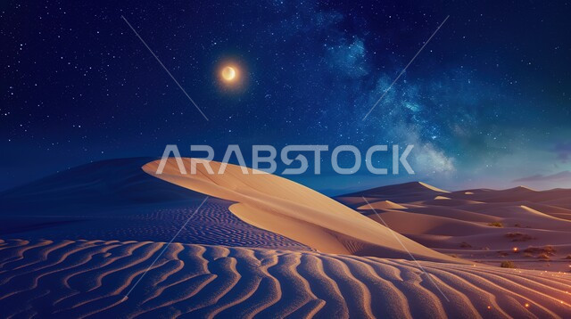 التلال والكثبان الرملية الناعمة، أماكن ومعالم سياحية، منظر القمر في وسط السماء المليئة بالنجوم ليلا، مناطق البادية والبيئة الصحراوية، المناظر الطبيعية في الصحراء في المملكة العربية السعودية