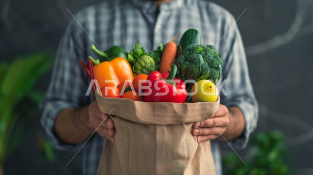  المحاصيل الزراعية السعودية ذات الجودة العالية، انتقاء أجود أنواع الخضراوات الطازجة، صورة مقربة لرجل عربي خليجي سعودي يحمل بيده كيس ورقي مليء بالخضار، وجبة طعام صحية خفيفة، تلبية الحاجات الضرورية للجسم