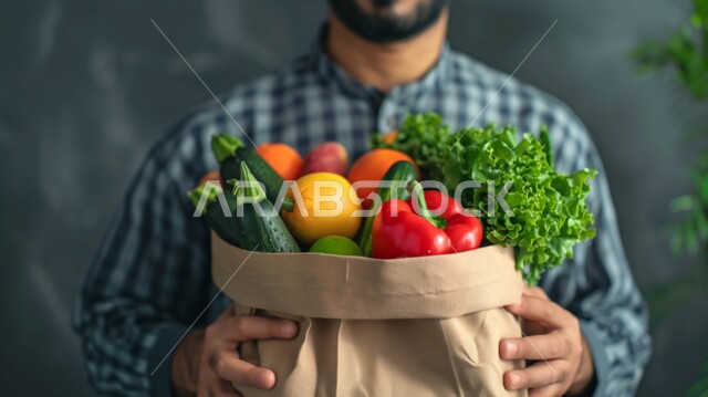 انتقاء أجود أنواع الخضراوات الطازجة، صورة مقربة لرجل عربي خليجي سعودي يحمل بيده كيس ورقي مليء بالخضار، المحاصيل الزراعية السعودية ذات الجودة العالية، وجبة طعام صحية خفيفة، تلبية الحاجات الضرورية للجسم