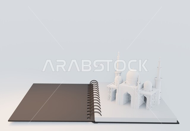 Sacred Islamic landmarks, worship and closeness to Allah Almighty, Muslims' destination for performing prayers, 3D model of a white mosque on a notebook, Islamic spiritual atmosphere, modern designs in the modern style for building mosques in the Kingdom of Saudi Arabia, white background