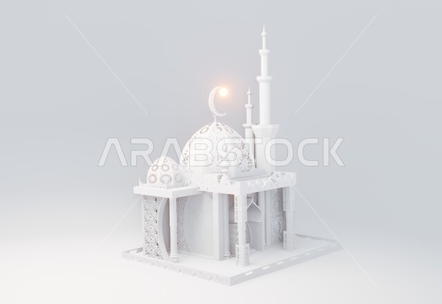 Worship and getting closer to God Almighty, Muslims' destination for performing prayers, Islamic holy landmarks, 3D model of a mosque in white, Islamic spiritual atmosphere, modern designs in the modern style for building mosques in the Kingdom of Saudi Arabia, white background