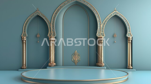 A 3D display of an Islamic platform, designs, decorations, and spiritual atmosphere, Ramadan antiques and accessories for religious occasions and holidays, the joy of the coming of the month of goodness, a blue background.