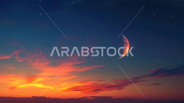 الاستمتاع بالمناظر الطبيعيه، منظر السماء وقت غروب الشمس مع النجوم اللامعة, الهلال في سماء المملكة العربية السعودية، خلفية الطبيعة