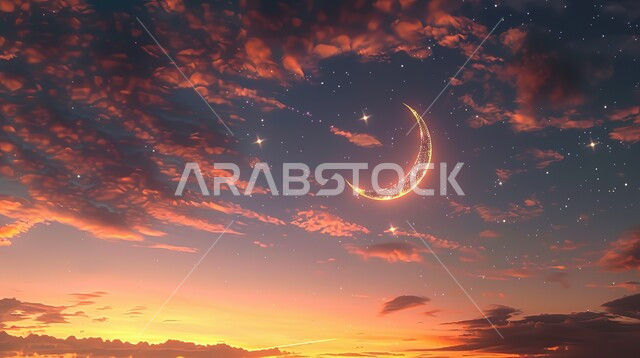 السماء وقت غروب الشمس مع النجوم اللامعة, الاستمتاع بالمناظر الطبيعيه، الهلال في سماء المملكة العربية السعودية، خلفية الطبيعة