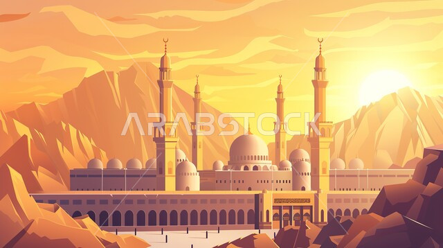 الفن الهندسي المعماري لبناء المساجد في المملكة العربية السعودية, أماكن إسلامية مقدسة، نداء المسلمين لأداء الفرائض والصلوات, العبادة والتقرب الى الله, الديكورات والتصاميم الخارجية الحديثة لبناء مسجد, صورة لجامع أثناء غروب الشمس