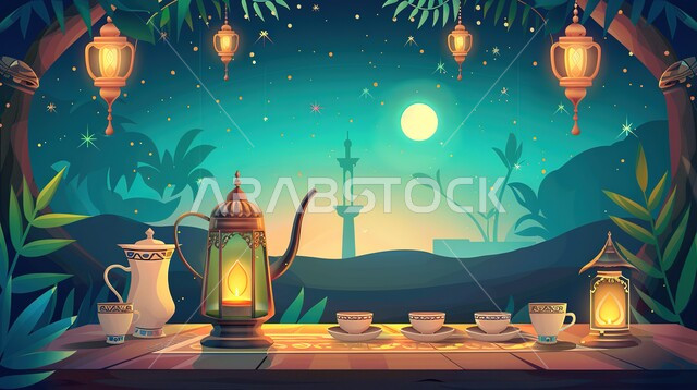 Delicious Ramadan hospitality, decorations and adornments for the blessed Ramadan, spiritual atmosphere and celebration of Islamic religious occasions and holidays, illustrations of illuminated traditional metal lanterns with a plate of dates and fruits, joy at the arrival of the month of goodness, distinctive antiques and accessories.