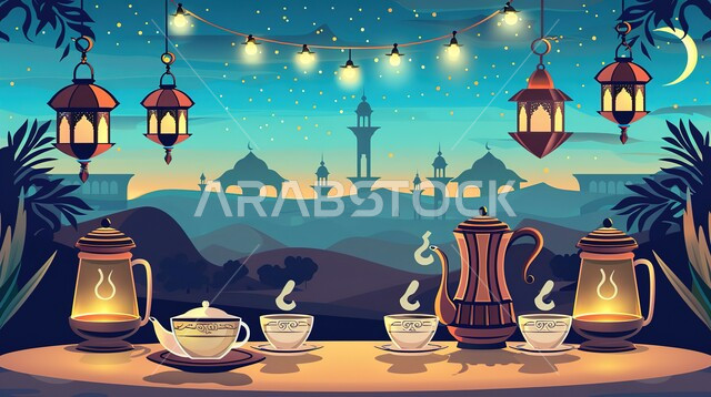 تحف واكسسوارت متميزة، ضيافة رمضانية شهية، ديكورات وزينة رمضان المبارك, الأجواء الروحانية والاحتفال بالمناسبات والأعياد الدينية الاسلامية، رسوم توضيحية لفوانيس معدنية تقليدية مضيئة مع طبق من التمر والفواكه, البهجة بقدوم شهر الخير