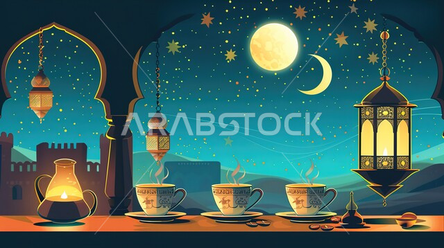 البهجة بقدوم شهر الخير، تحف واكسسوارت متميزة، ضيافة رمضانية شهية، ديكورات وزينة رمضان المبارك, الأجواء الروحانية والاحتفال بالمناسبات والأعياد الدينية الاسلامية، رسوم توضيحية لفوانيس معدنية تقليدية مضيئة مع فناجين القهوة