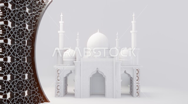 التصاميم العصرية على الطراز الحديث لبناء المساجد, مجسم ثلاثي الابعاد لجامع باللون الأبيض, أجواء روحانية إسلامية, المعالم الإسلامية المقدسة، العبادة والتقرب الى الله تعالى, مقصد المسلمين لأداء الصلوات، خلفية بيضاء