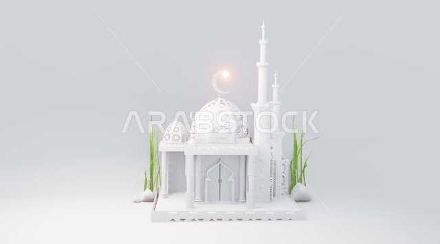 مجسم ثلاثي الابعاد لجامع باللون الأبيض, أجواء روحانية إسلامية, المعالم الإسلامية المقدسة، العبادة والتقرب الى الله تعالى, مقصد المسلمين لأداء الصلوات، التصاميم العصرية على الطراز الحديث لبناء المساجد, خلفية بيضاء