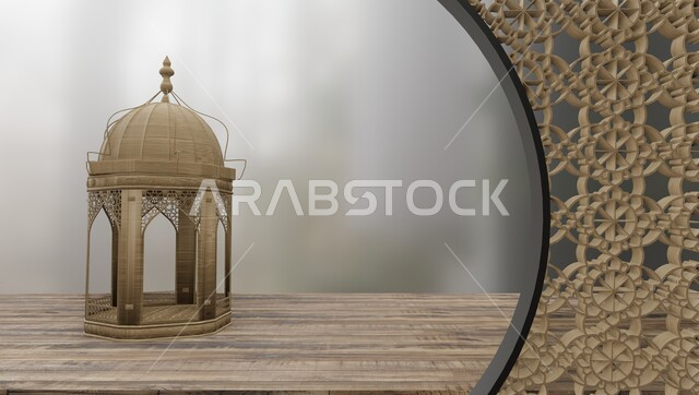 أجواء رمضانية وروحانية إسلامية، تحف وفوانيس تقليدية للاحتفال بقدوم شهر رمضان المبارك، زينة وديكورات الاعياد والمناسبات الدينية، فانوس عربي معدني مزخرف مضيء على طاولة خشبية، خلفية بيضاء