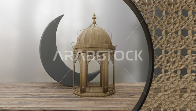 تحف وفوانيس تقليدية للاحتفال بقدوم شهر رمضان المبارك، أجواء رمضانية وروحانية إسلامية، زينة وديكورات الاعياد والمناسبات الدينية، فانوس عربي معدني مزخرف مضيء مع هلال الشهرعلى طاولة خشبية، خلفية بيضاء