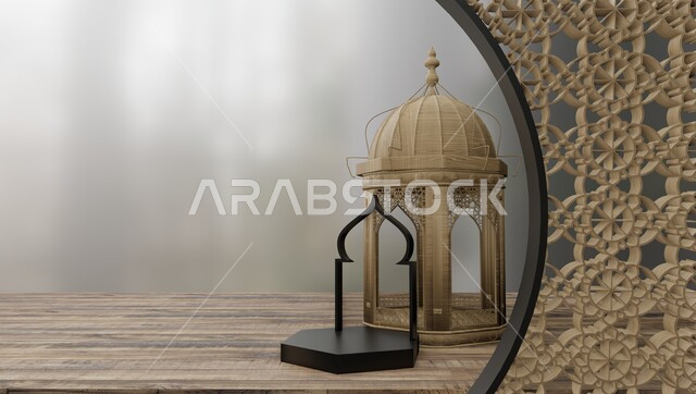 فوانيس وتحف تقليدية للاحتفال بقدوم شهر رمضان المبارك، أجواء رمضانية وروحانية إسلامية، زينة وديكورات الاعياد والمناسبات الدينية، فانوس عربي معدني مزخرف مضيء على طاولة خشبية، خلفية بيضاء