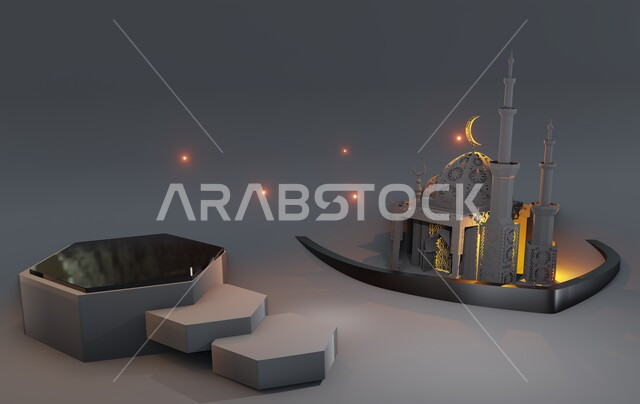 ديكورات وزينة الاعياد والمناسبات الدينية، تصاميم اسلامية دينية فاخرة، مجسم ثلاثي الابعاد لمسجد على الطراز الاسلامي، العبادة والتقرب الى الله في شهر رمضان المبارك، أجواء رمضانية روحانية، خلفية رمادية