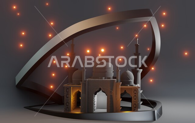 زينة وديكورات الاعياد والمناسبات الدينية، تصاميم اسلامية دينية فاخرة، مجسم ثلاثي الابعاد لمسجد على الطراز الاسلامي، العبادة والتقرب الى الله في شهر رمضان المبارك، أجواء رمضانية روحانية، خلفية رمادية