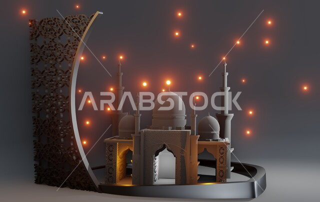 تصاميم اسلامية دينية فاخرة، مجسم ثلاثي الابعاد لمسجد على الطراز الاسلامي، زينة وديكورات الاعياد والمناسبات الدينية، العبادة والتقرب الى الله في شهر رمضان المبارك، أجواء رمضانية روحانية، خلفية رمادية