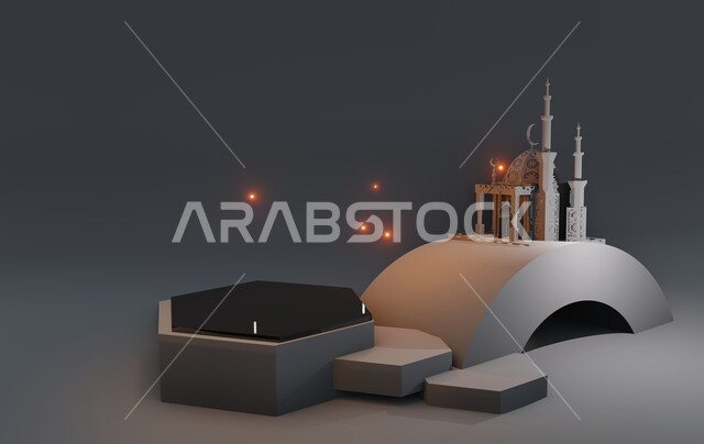 مجسم ثلاثي الابعاد لمسجد على الطراز الاسلامي، تصاميم اسلامية دينية فاخرة، زينة وديكورات الاعياد والمناسبات الدينية، العبادة والتقرب الى الله في شهر رمضان المبارك، أجواء رمضانية روحانية، خلفية رمادية