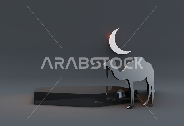 استعداد المسلمين لاستقبال رمضان المبارك, البهجة بقدوم شهر الخير، مجسم ثلاثي أبعاد لجمل وهلال مضيئ، ديكورات وزينة في الأجواء الرمضانية الروحانية، خلفية رمادية