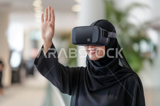 الإندماج والتفاعل ومحاكاة العالم الخيالي, صورة مقربة لإمرأه عربيه سعوديه خليجيه محجبة ترتدي نظارة الواقع الإفتراضي ترفع يدها للاعلى بإيماءات التلويح، مفهوم التسليه والترفيه, قضاء وقت ممتع, تطور التقنيه والتكنولوجيا