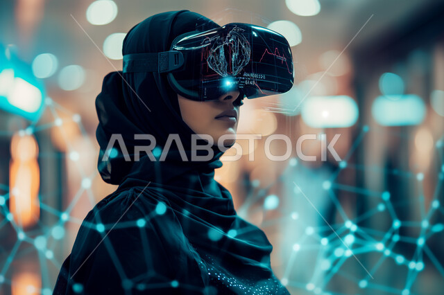 Integration and simulation of the imaginary world, a close-up image of a veiled Saudi Arabian Gulf woman wearing virtual reality glasses interacting with holographic elements, the concept of entertainment and leisure, spending a good time, the development of technology and technology