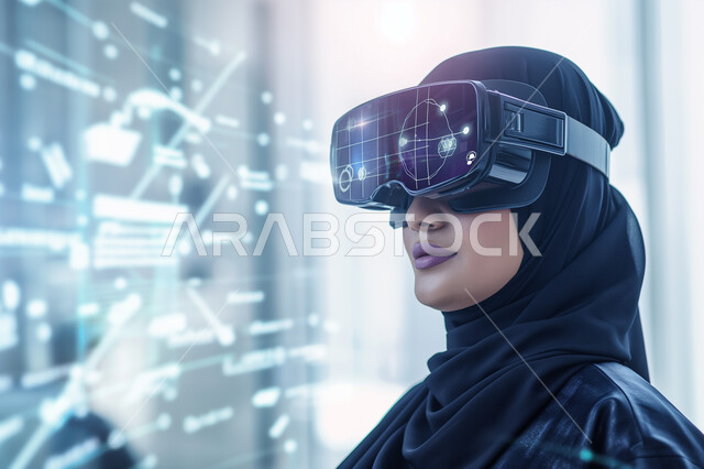 الاندماج ومحاكاة العالم الخيالي, صورة مقربة لإمرأه عربيه سعوديه خليجيه محجبة ترتدي نظارة الواقع الإفتراضي تتفاعل مع العناصر الهولوجرامية، مفهوم التسليه والترفيه, قضاء وقت ممتع, تطور التقنيه والتكنولوجيا