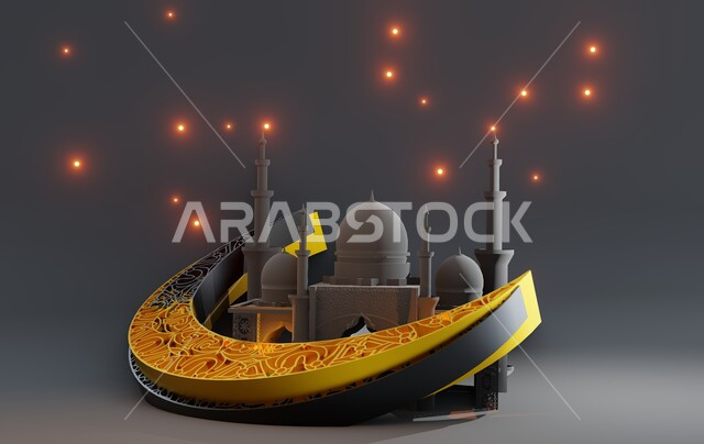 Decorations and ornaments for religious holidays and occasions, luxurious Islamic religious designs, 3D model of a mosque in the Islamic style, worship and drawing closer to God in the holy month of Ramadan, spiritual Ramadan atmosphere, gray background