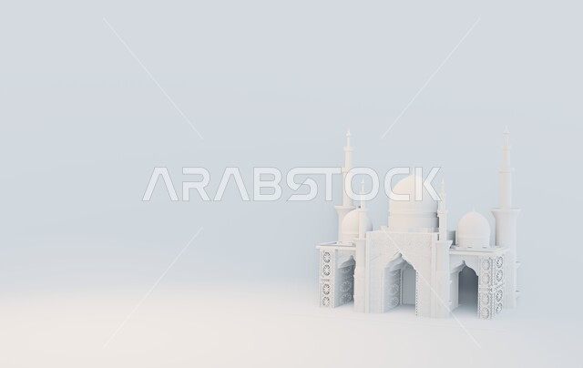 زينة وديكورات الاعياد والمناسبات التقليدية، مجسم ثلاثي الابعاد لمسجد على الطراز المعماري الاسلامي، قوالب تصاميم اسلامية دينية، العبادة والتقرب الى الله في شهر رمضان المبارك، دعوة المسلمين لاداء الصلوات والطاعة، خلفية بيضاء
