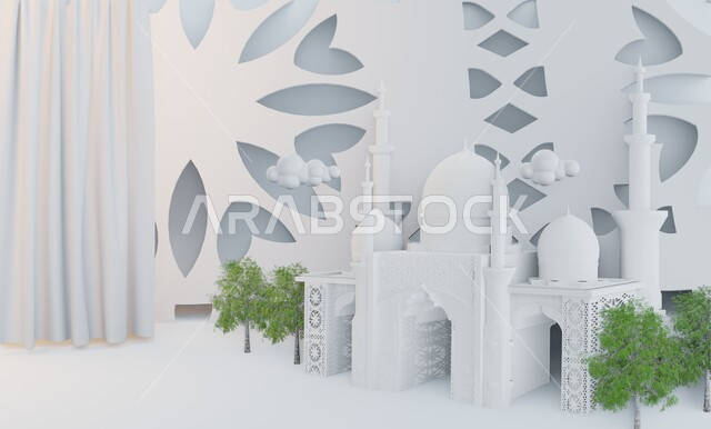 ديكورات وزينة الاعياد والمناسبات التقليدية، مجسم ثلاثي الابعاد لمسجد على الطراز المعماري الاسلامي، قوالب تصاميم اسلامية دينية، العبادة والتقرب الى الله في شهر رمضان المبارك، دعوة المسلمين لاداء الصلوات والطاعة، خلفية بيضاء