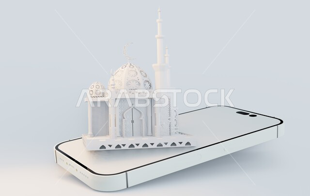 العبادة والتقرب الى الله في شهر رمضان المبارك، ديكورات وزينة الاعياد والمناسبات التقليدية، مجسم ثلاثي الابعاد لمسجد على الطراز المعماري الاسلامي فوق هاتف محمول، قوالب تصاميم اسلامية دينية، دعوة المسلمين لاداء الصلوات والطاعة، خلفية بيضاء