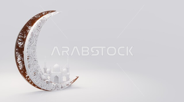 قوالب تصاميم اسلامية دينية، مجسم ثلاثي الابعاد لمسجد على الطراز المعماري الاسلامي، العبادة والتقرب الى الله في شهر رمضان المبارك، هلال وزينة وديكورات الاعياد والمناسبات التقليدية، دعوة المسلمين لاداء الصلوات والطاعة، خلفية بيضاء