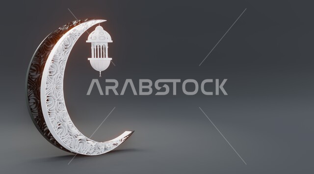 أجواء رمضانية وروحانية إسلامية، تحف وفوانيس تقليدية للاحتفال بقدوم شهر رمضان المبارك، زينة وديكورات الاعياد والمناسبات الدينية، فانوس عربي معدني مزخرف مضيء مع هلال الشهر، خلفية رمادية